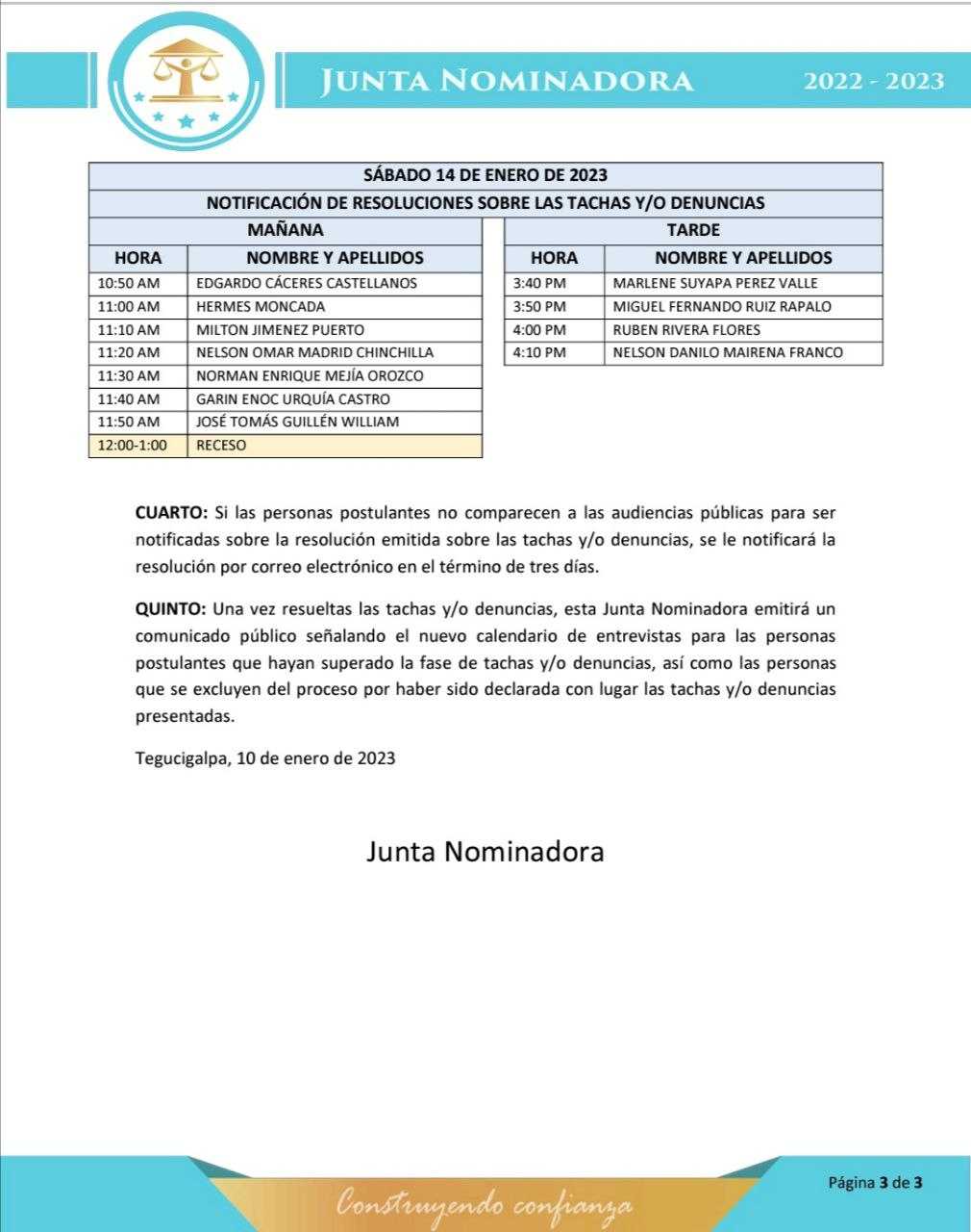 En audiencia pública JN dará resolución de tachas y denuncias a postulantes a magistrados 